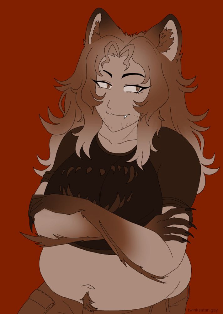 The image features a stylized character (werepups)with wolf-like features, including ears and fur. They have long, wavy hair and a playful expression, showcasing a sharp fang. They are wearing a black shirt with a graphic of sharp teeth . The background is a solid reddish-brown color, enhancing the character's features and expression. The overall style is cartoonish and vibrant.