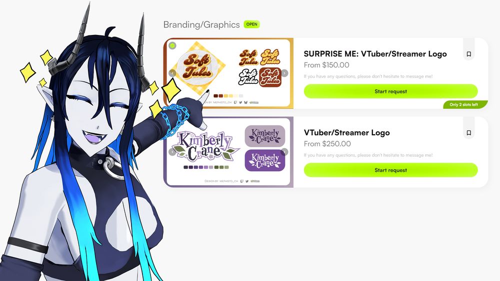 A 3D render of Mephisto is on the left side of the image. He is pointing excitedly to show you two types of Logo commission types that I have open