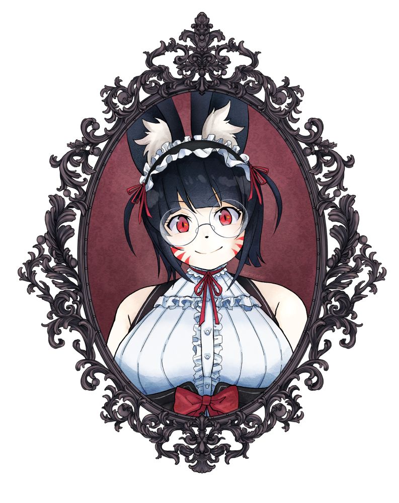 A digitally drawn portrait of a catgirl, Niya, wearing a regal gothic lolita outfit. It is mostly white, the background is a dark red with a reddish bronze like circular frame around it. It is rendered to look like it was drawn with traditional materials on paper 