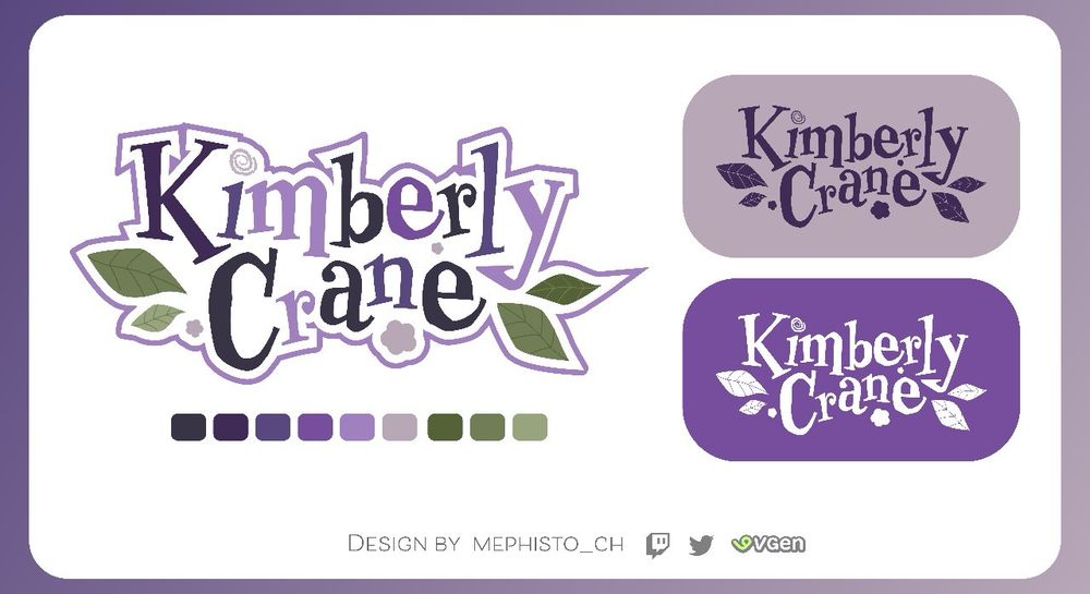A VTuber logo design sheet showcasing color palettes and alternate flat color designs that reads “Kimberly Crane” in stylized text with leaves and flower motifs 