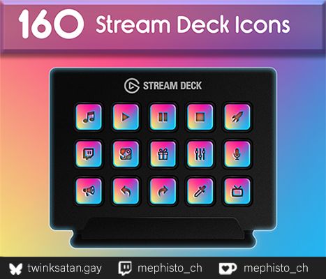 "160 stream deck icons" , a stream deck mockup shows a grid of 15 rainbow gradient icons that are for sale. The background of the image uses the same gradient.
Text below for social media platforms: "twinksatan.gay" "mephisto_ch" "mephisto_ch"