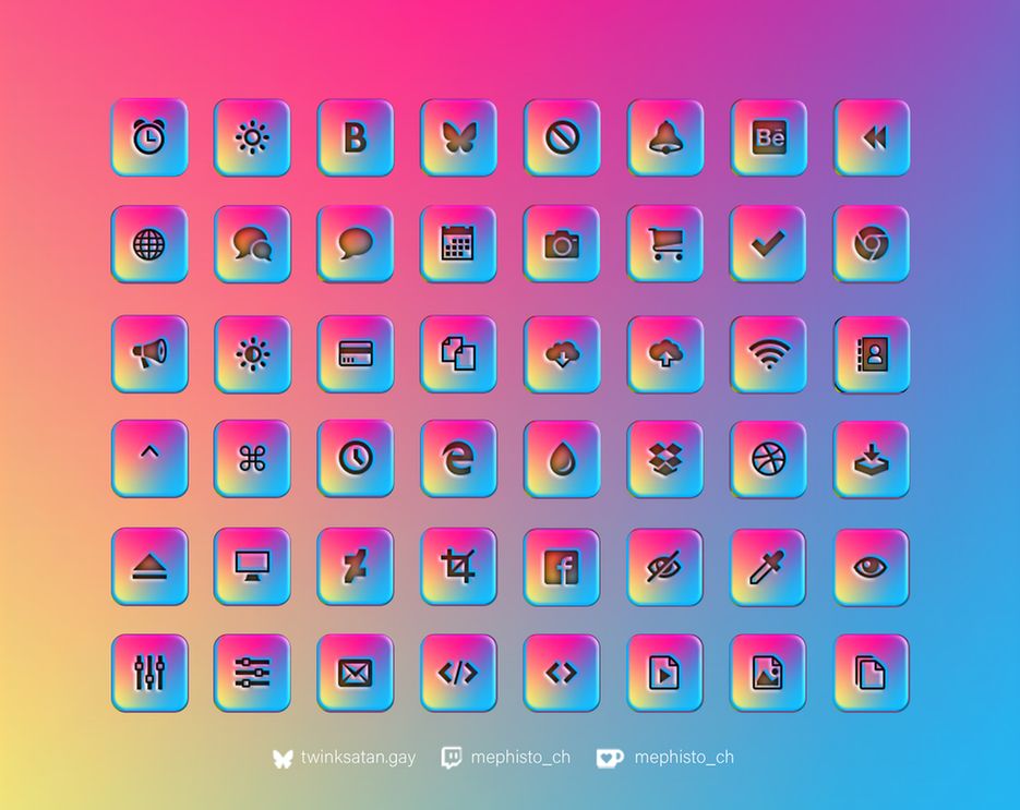 48 square icon grid, all having the same rainbow gradient. the background of the image is the same gradient

Text below for social media platforms: "twinksatan.gay" "mephisto_ch" "mephisto_ch"