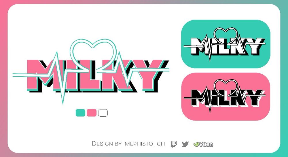 A VTuber logo design sheet showcasing color palettes and alternate flat color designs that reads “Milky” in bold sans serif with a heartbeat monitor wave with a heart shape in the middle going through the design 