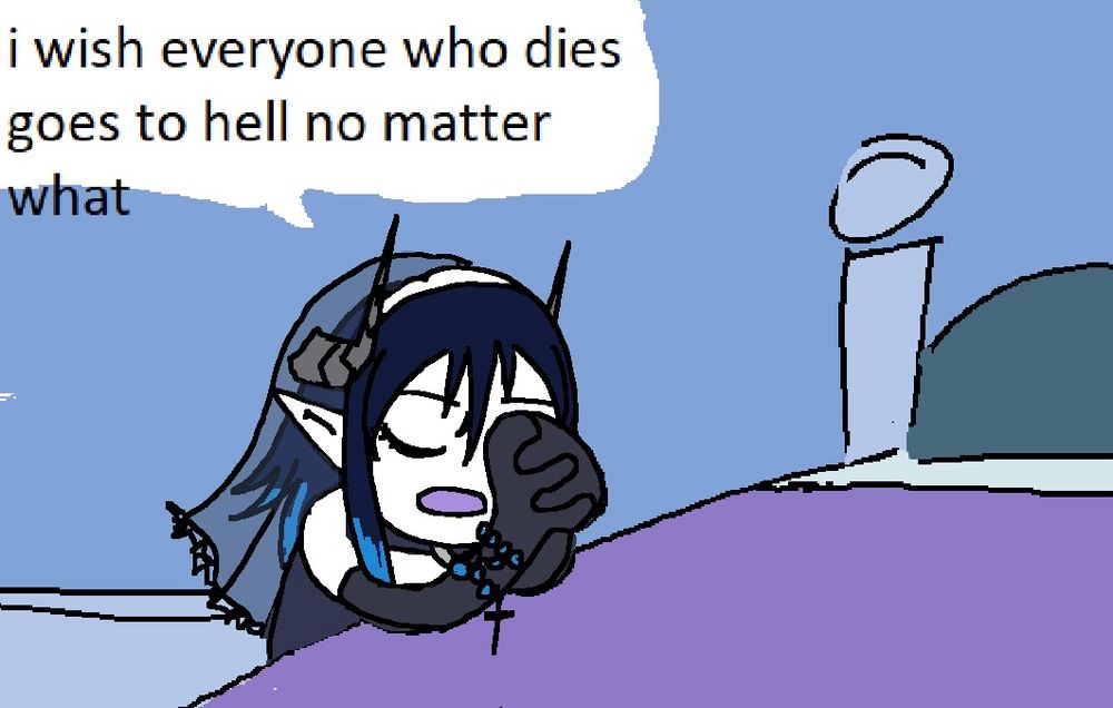a meme redraw of the timmy turner praying “i wish everyone who dies goes to hell no matter what” image, except mephisto is in a nun outfit