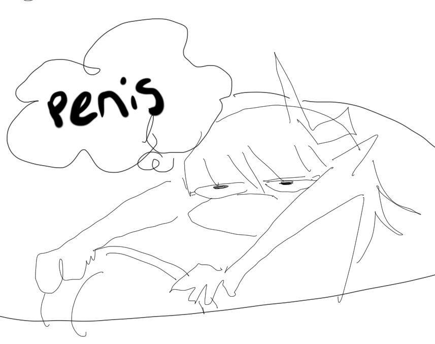 a redraw of a drawing mephisto i did where a driving figure looked tired, hunched over the steering wheel of a car with a thought bubble that says “penis”
