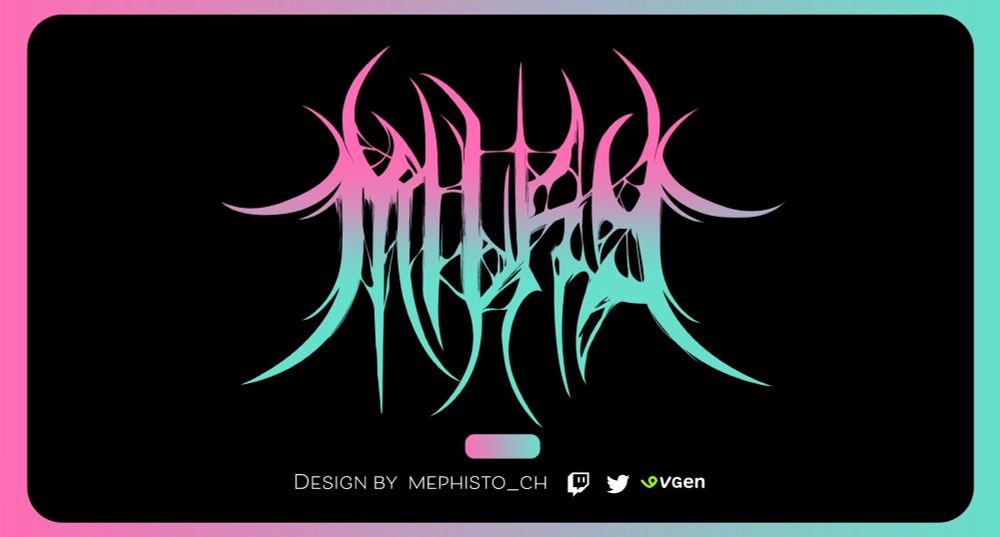 A design showcase for a logo— the logo is a “metal” decorative wordmark that reads “MILKY” with a pink to teal gradient and lots of almost spiderweb/slime like and sharp decorative bits. Text below reads “Design by mephisto_ch” then has the social icons for twitch, twitter, and vgen