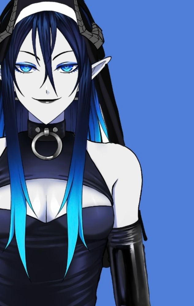 The image features a character (Mephisto) with long blue gradient hair styled sleekly against a solid blue background. He wears a nuns habit and black outfit with a boob window and extremely long opera length latex gloves. 