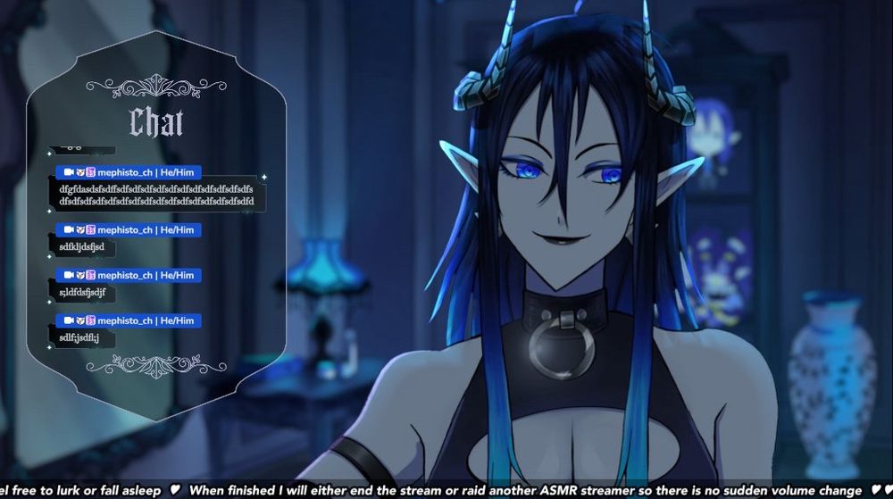 Screenshot of a test stream set up scene. Mephistos Live2D model is the focal point as he looks to the side with blue mood lighting. On the left is a chat box design that has gibberish in it. The background is a blue room with several fancy pieces of furniture out of focus. This is included because I have made the chat box, Live2D model, and background 