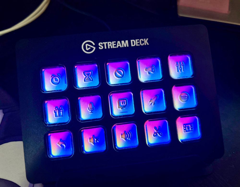 A real photo of the stream deck icons in use on my actual stream deck to show that the colors vary a bit from screen to screen depending on how they keys are lit up on the stream deck