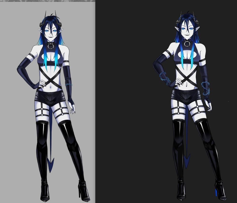 The image features my VTuber, Mephisto's Live2D art. Left being most recent wip, right being old model art. He has blue hair and pointed ears, dressed in a mix of black leather and latex, showing a lot of skin. The outfit includes a crop top, shorts, and thigh-high boots, complemented by various straps and chains. He stands confidently with one hand on his hip, and one leg out to the side. The background is split into two contrasting colors: gray on the left and black on the right. The overall aesthetic combines elements of fantasy and modern fashion.
