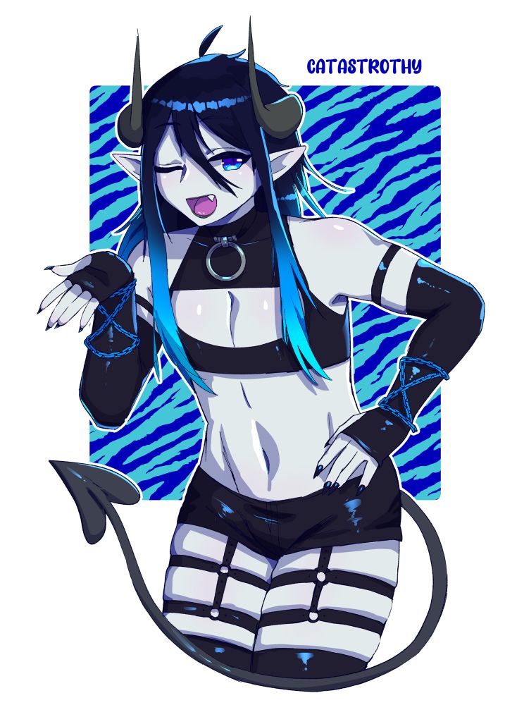 The image features a character with blue hair and horns, dressed in a revealing outfit that includes a black crop top and shorts with garter belt accessories. The character has pointed ears and a long. He is posed with one hand on his hip and the other raised, showcasing a confident and flirty stance. The background consists of a square on a white background filled with a vibrant blue and black striped pattern. The name "CATASTROTHY" (the artist) is displayed at the top.