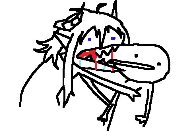 an unhinged meme redraw of mephisto gnawing on a stick figure-esque person with sharp shark like teeth and blood coming from their cheek. their cheek is stretching in a cartoonish way