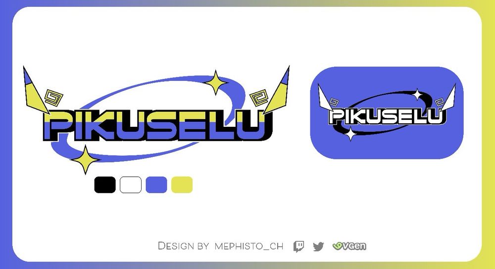 A VTuber logo design sheet showcasing color palettes an alternate black and white version. It reads “Pikuselu” in stylized Y2k esque look