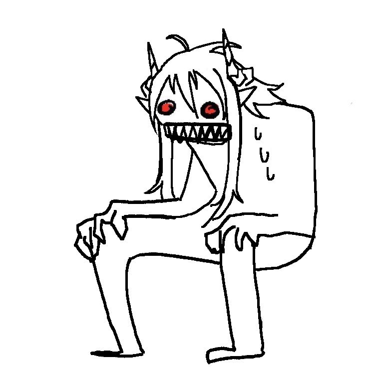 a simplified mephisto meme redraw where his eyes are only red circles with sharp gritting teeth. he is gripping his knees while hunched over and sweating. i use this when angry or consumed with lust 
