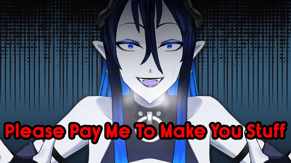 A 3D render of Mephisto in the center of the image. He looks crazed, a little stressed and is breathing heavily. The text reads "Please Pay Me To Make You Stuff"