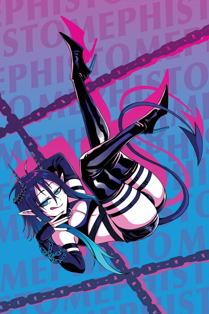 A hot pink and bright blue colored stylistic pin up illustration of vtuber mephisto_ch. There are chains and the name "MEPHISTO" patterning the background, while the figure is free-floating in the center of the composition posed in a suggestive, playful way licking his lips but like kinda silly style. :P