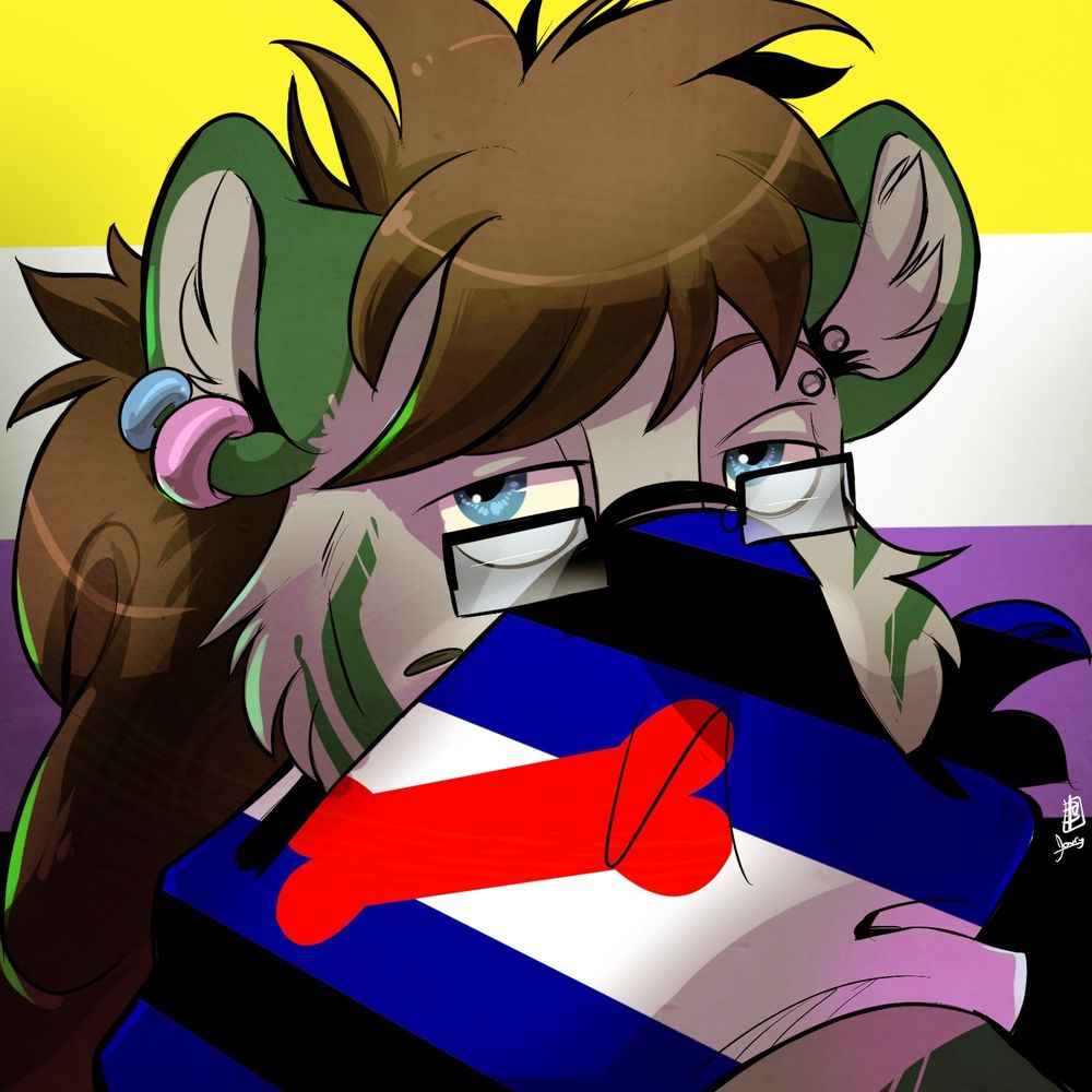 Portrait of a certain grey and green tiger with glasses on showing their pride colors through use of a background, ear piercings, and a bandana over their muzzle. The background is of the non-binary flag, the ear piercings are the light blue and pink found on the trans flag, and the bandana has the puppy play flag design on it.