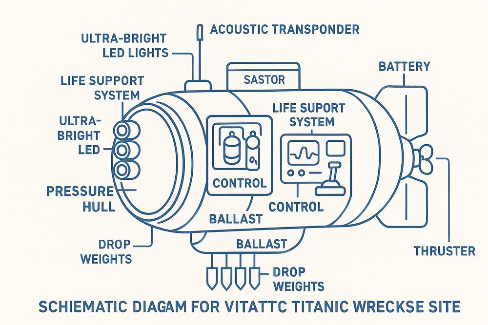 A schematic diagram of a submersible capable of diving to the titanic wreckage site.