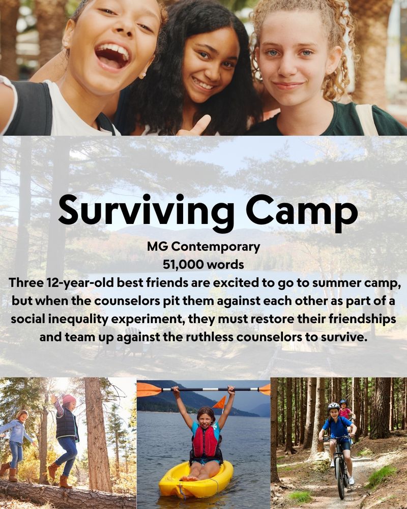 Three 12-year-old best friends are excited to go to summer camp, but when the counselors pit them against each other as part of a social inequality experiment, they must restore their friendships and team up against the ruthless counselors to survive. Pictured: three girls smiling, 2 girls walking on log, girl in kayak, 2 girls biking