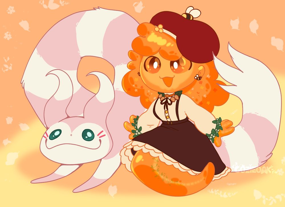 A honey goost (like a ghost of goo) with a cute cream and brandywine dress stands with liberally limber noodle of a pink furret. Art by cozieoak.