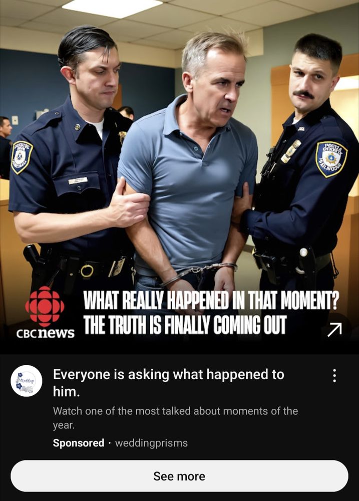Screenshot of a fake news YouTube ad, with the CBC News logo and photo of Mark Carney being arrested by two cops, titled "What really happened in that moment? The truth is finally coming out"