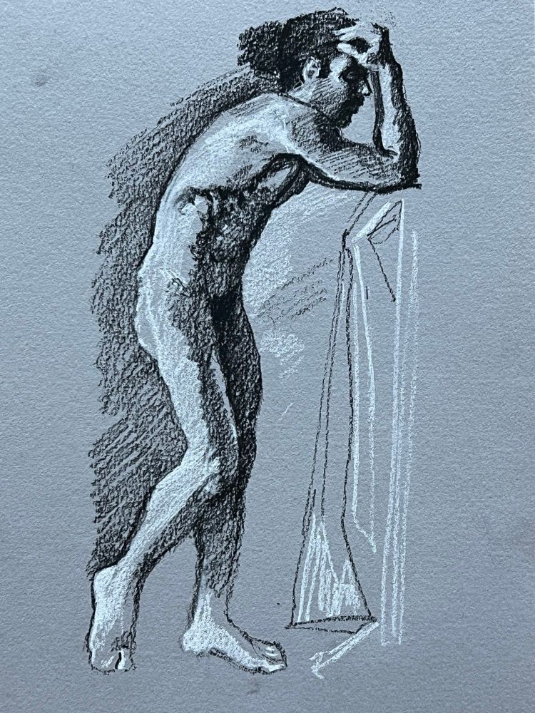 Life drawing of a nude male drawn in pastel pencil