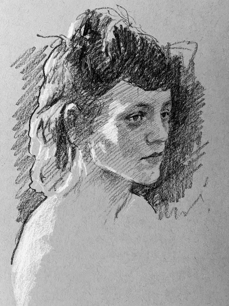 Pastel pencil portrait of a young woman facing right