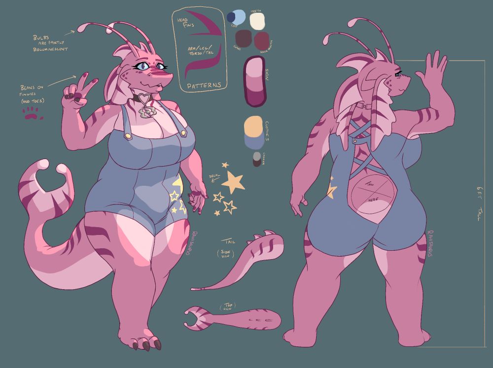 A reference sheet for Edie, a pink aquatic dragon. She is depicted from the front and back, with details alongside.