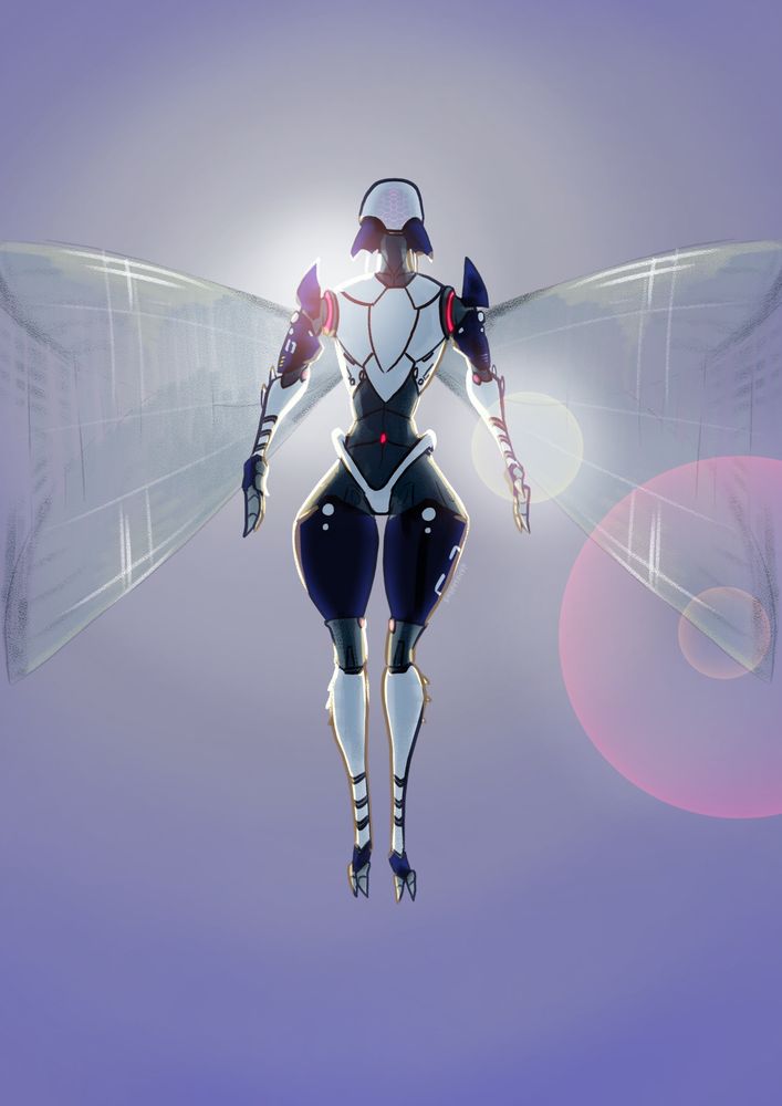 A robot-like being with a feminine figure and insect features, grey with white and blue armour plating, flying above the viewer and cast into silhouette by the sun. 