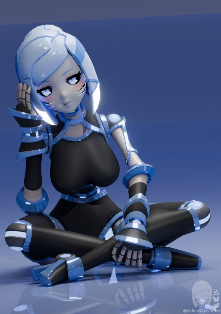 robot girl sitting on the floor looking to the side while being bored