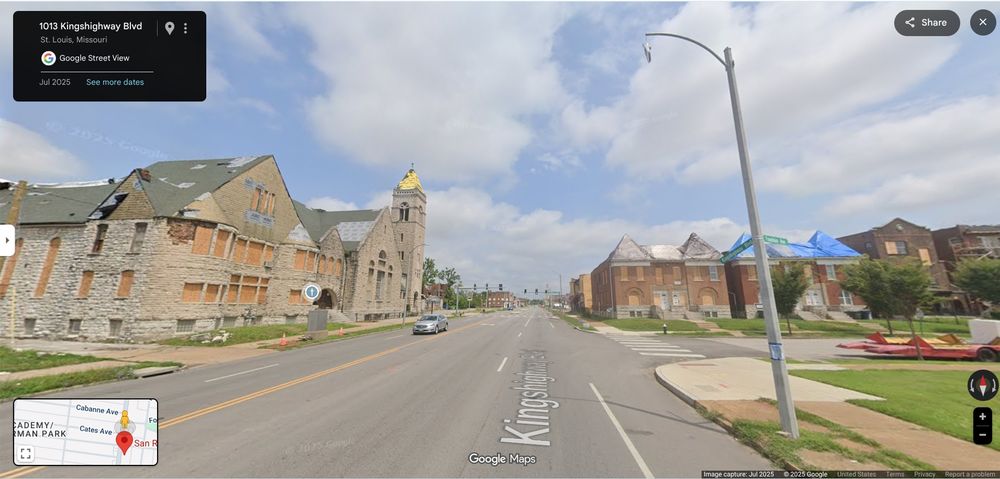 Large brick Wayman AME with significant damage and boarded up windows fronting Kingshighway.  2.5 story brick multifamilies across the street fronting Fountain have damage with board up windows and some with tarps. 