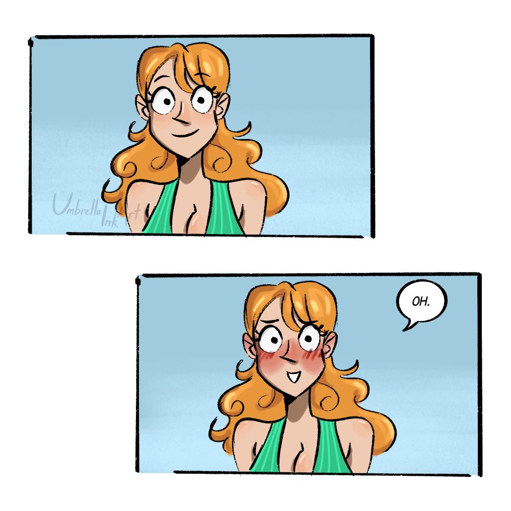 two panels. Nami is visible from the bust up looking straight ahead at the camera/Vivi. she has a blank expression. the second panel is the same drawing but she's now blushing and grinning sheepishly, saying "oh."