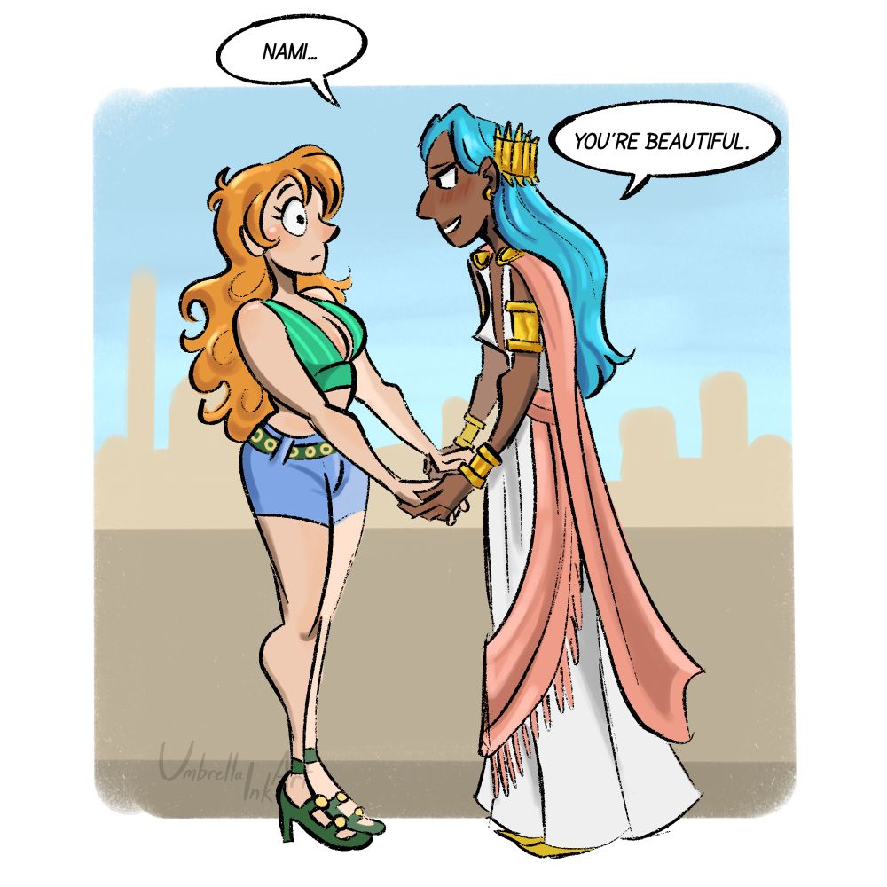a digital drawing of Nami and Vivi in front of a desert city skyline. Nami is looking startled at Vivi, who holds her hands and says "Nami... you're beautiful."