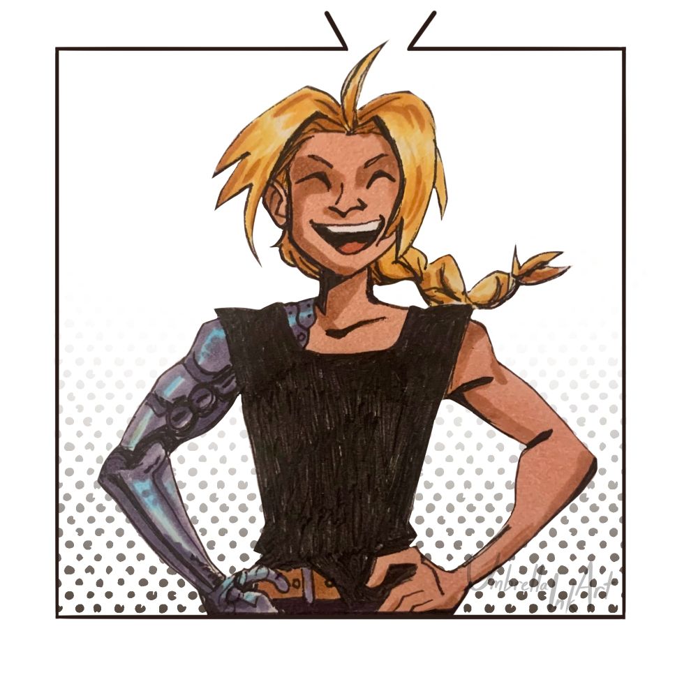 A drawing of Edward Elric smiling broadly with his hands on his hips. His hair cowlick is breaking through the top part of the panel into the gutter.