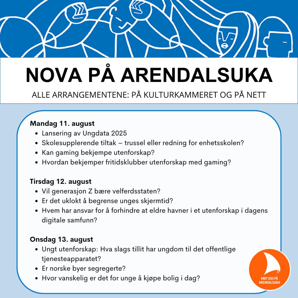 Tekstplakat med alle NOVAs arrangement på Arendalsuka. Sjekk lenke for program.