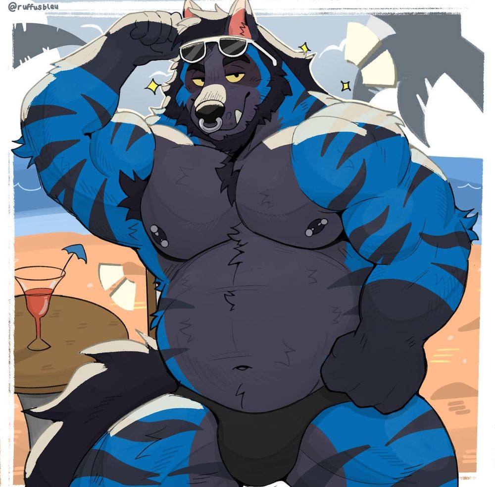 Anthro musclegut  black and blue striped hyena lounging on the beach shirtless in swim trunks, sunglasses resting on his head. He is flexing an arm as he looks at you with a confident smirk. 