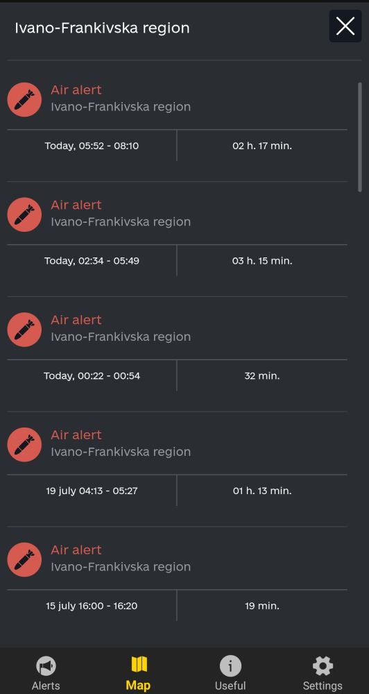 Air alert in the region of Ivano-Frankivsk from 00:22-00:54, 02:34-05:49, 05:52-08:10