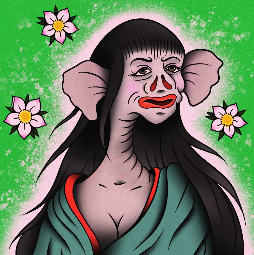 An image of the Japanese Yokai ‘Nikurashi’ a woman like figure with a puckered and bloated face, long ribbed neck and broad ears similar to an elephant. 
