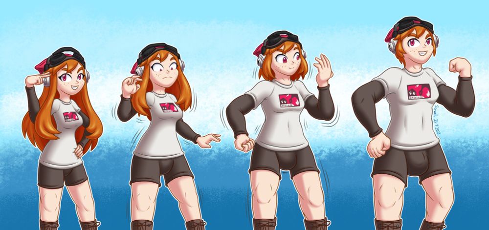A four-step transformation/TG sequence of Meggy Spletzer from SMG4 becoming a buff male version of herself. She is caught by surprise from the sudden shifts, but confidently takes the changes in stride. By the end, he strikes a confident pose.