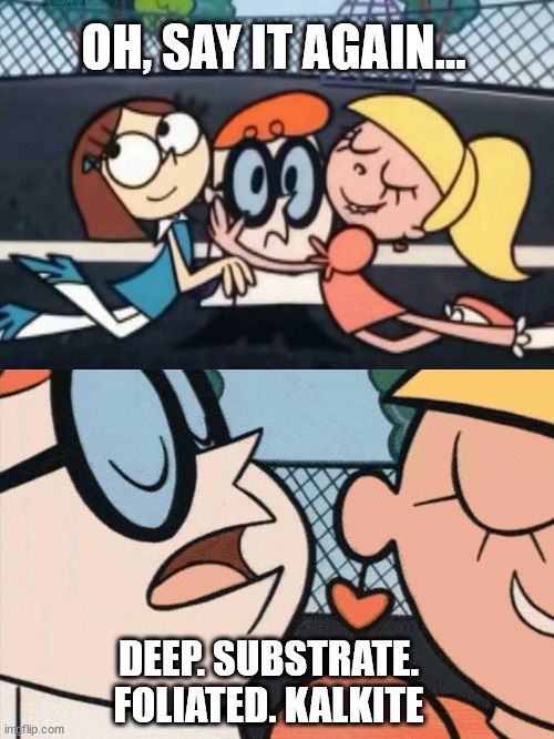 Dexter's Lab "Omelette du fromage" meme, but instead he's saying, "Deep, substrate, foliated, kalkite." 