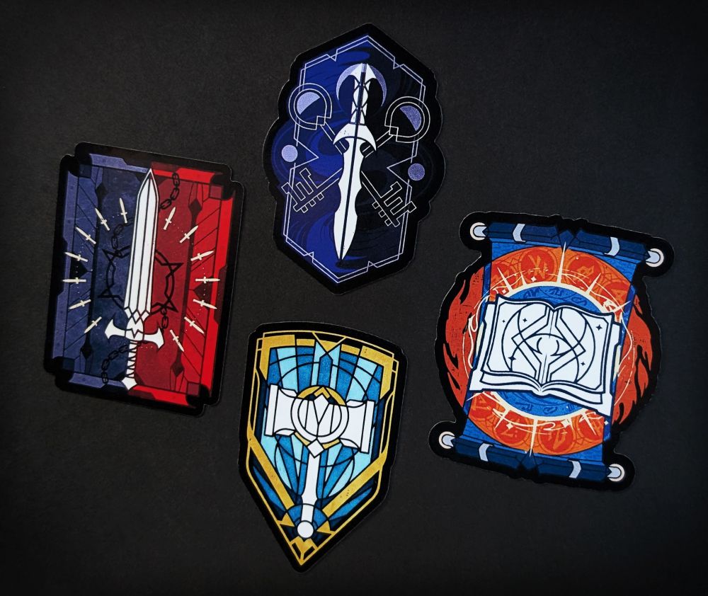 Collection of four stickers, one for each of the classic TTRPG character classes. Clockwise from the top: Rogue, Wizard, Cleric, Warrior.