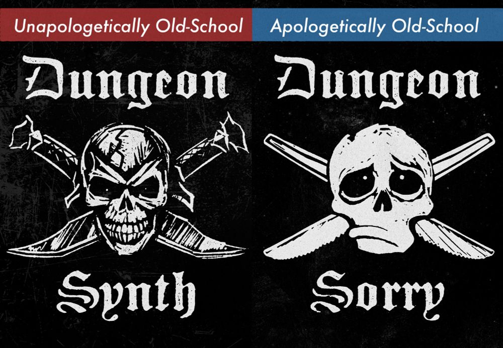 A side-by-side comparison of unapologetically old school versus apologetically old school. One side is an evil looking skull flanked by two knives, the other is a sad skull with puppy eyes flanked by two plastic knives. 