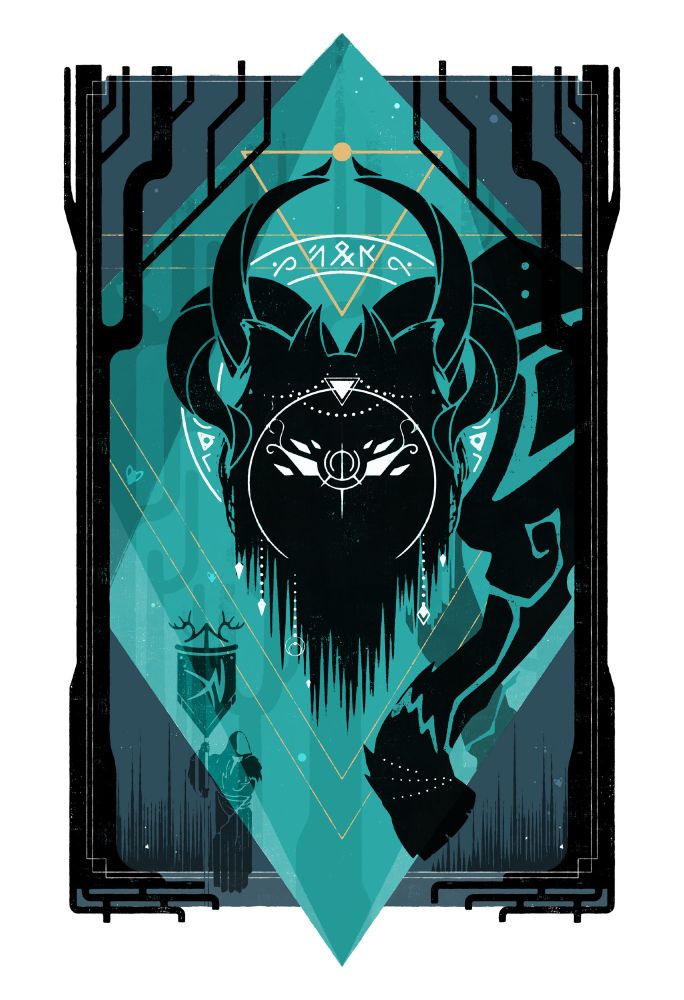 Old school style illustration of a mythical beast emerging from the woods. A cloaked figure stands in the foreground, bearing the standard of the Godbeast.