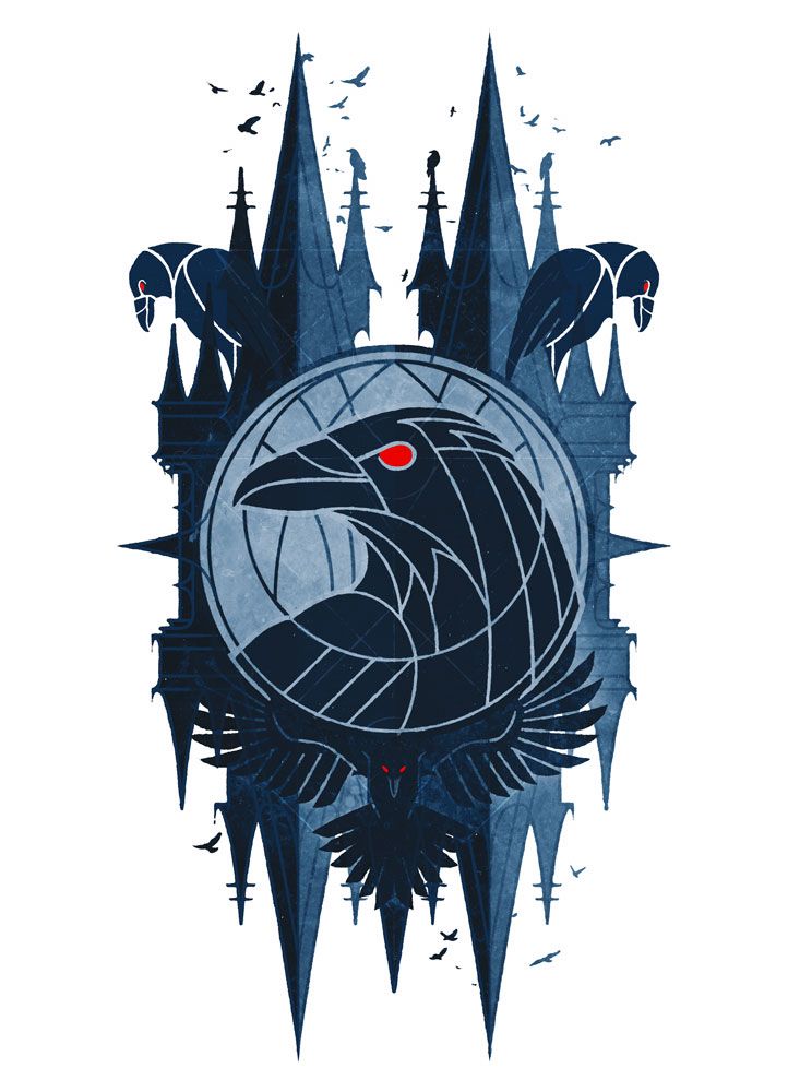 A gothic stained glass inspired graphic design of an unkindness of Ravens.
