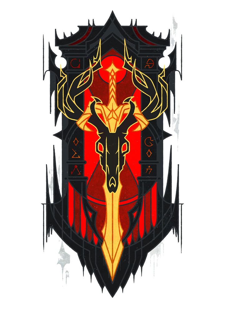 A gothic stained glass inspired graphic design of a black deer skull intertwined with a golden sword.