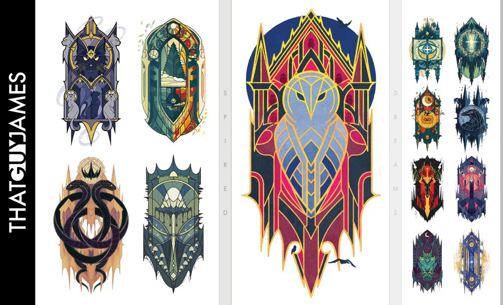 A series of art deco style illustrations depicting various figures blended with gothic spires, reminiscent of stained glass.