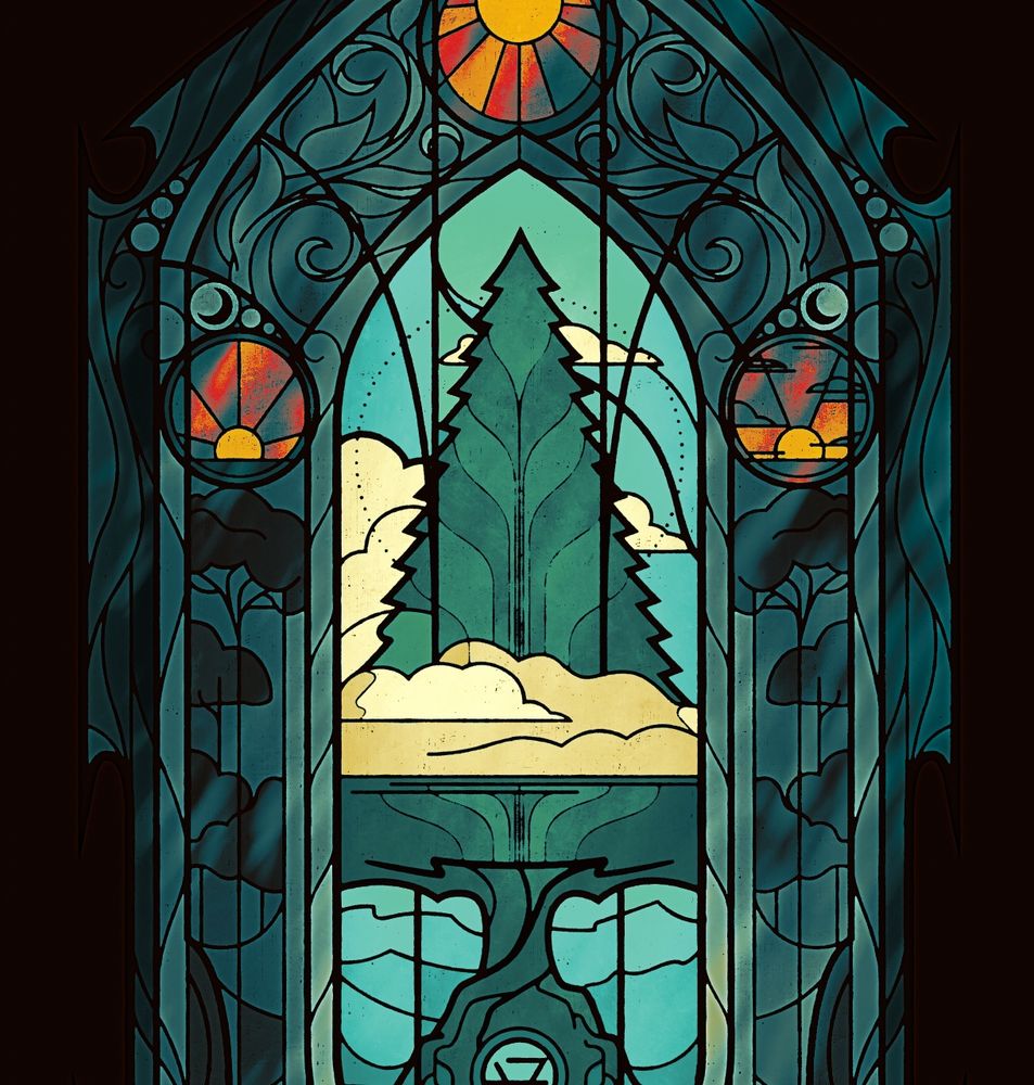 Vector art of a stained glass installation featuring a giant evergreen tree.