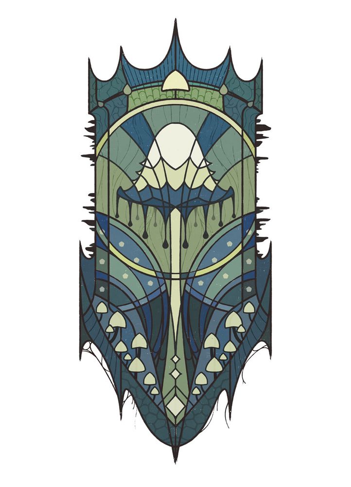 Art Deco style illustration of a piece of stained glass art that draws shapes and textures from various types of mushrooms. 