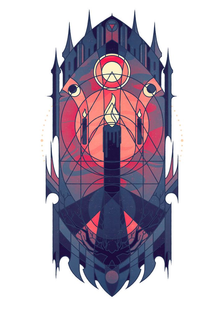 A gothic stained glass inspired graphic design of three lit candles under the cycles of the moon.