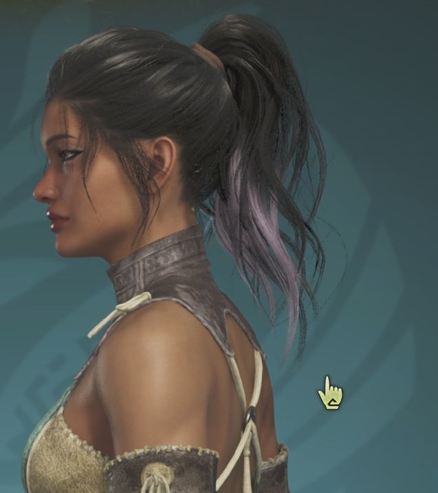 Original player character from Monster Hunter. Female, black hair with pastel pink highlights, pastel pink eyes, tan olive completion, basic clothing. Side view, hair is in ponytail. 